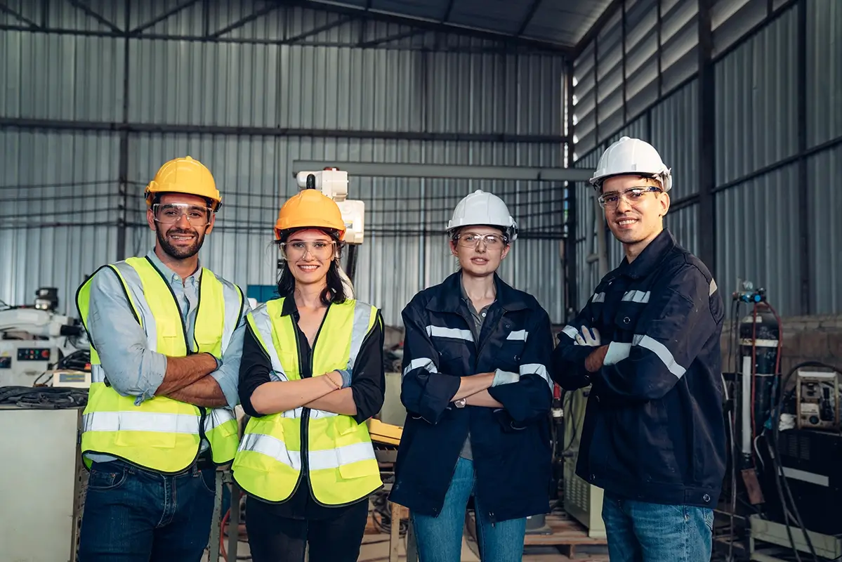 Quatre membres d'une équipe industrielle en tenue de sécurité, bras croisés, dans un atelier