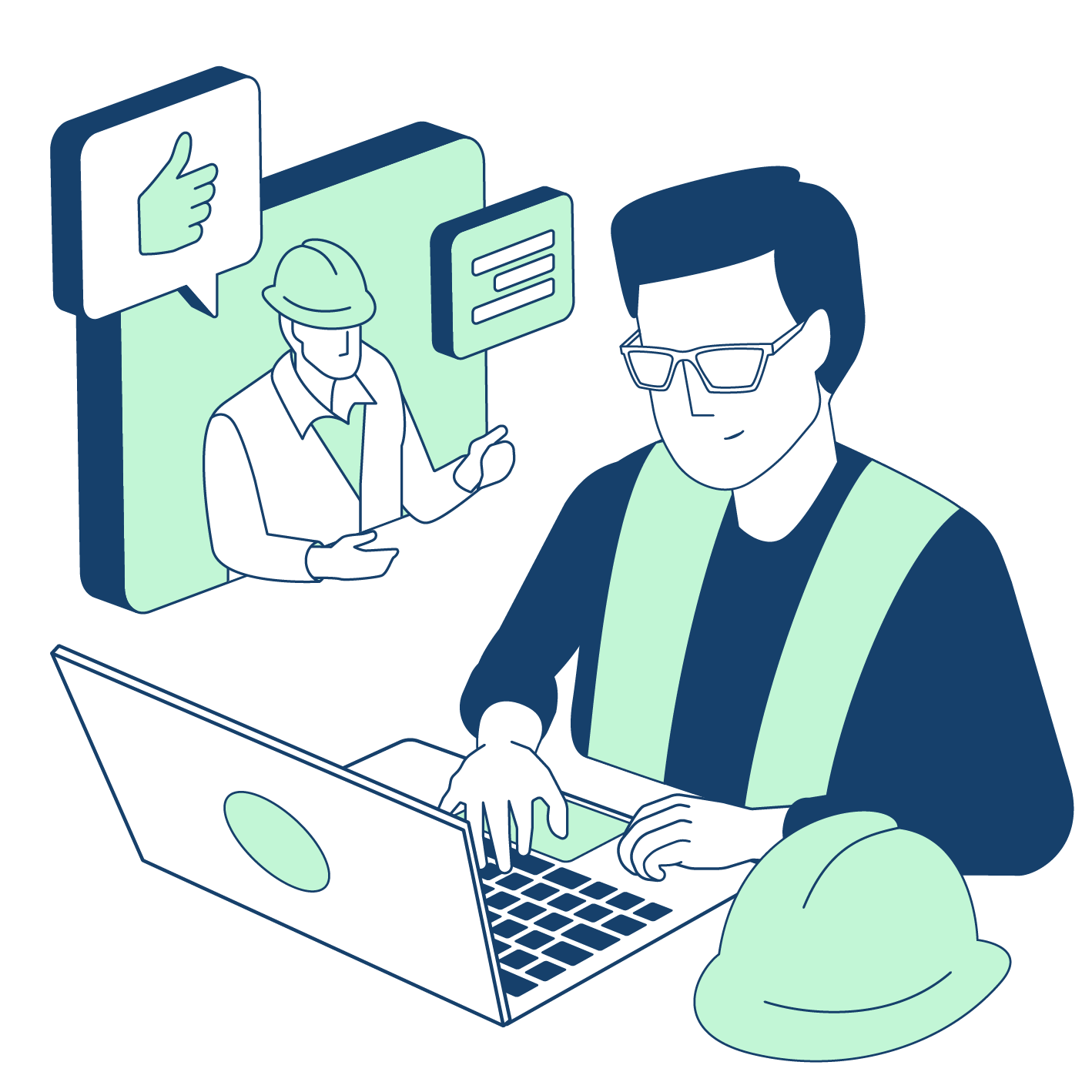 Illustration : un technicien équipé échange en visio avec un expert Ealico depuis son ordinateur