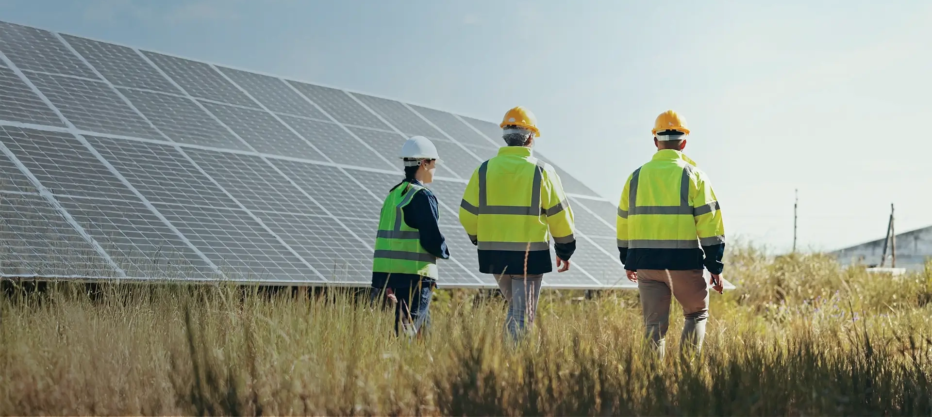 Trois intervenants marchant devant une centrale photovoltaïque