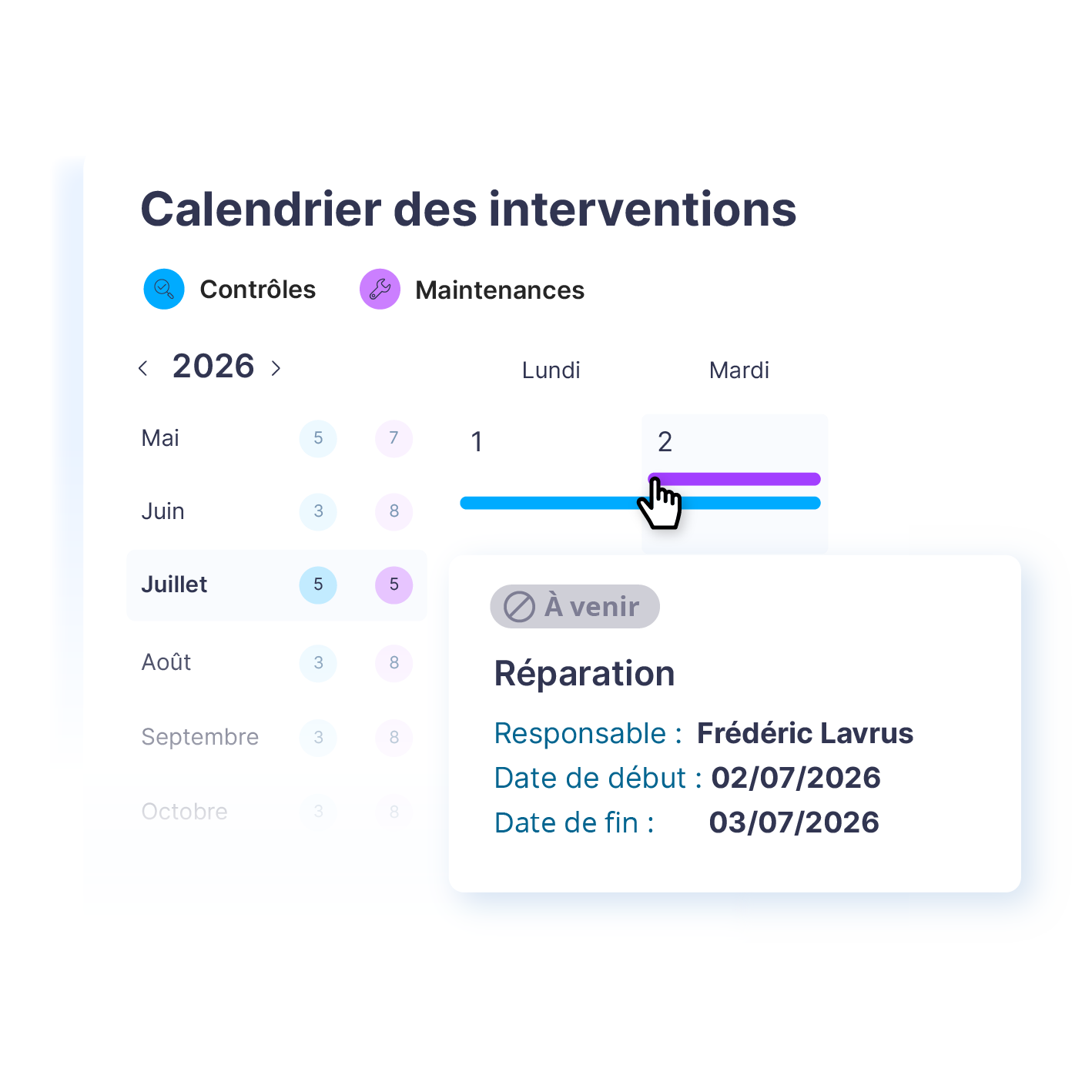 Calendrier Ealico : interventions de maintenance planifiées et affectées