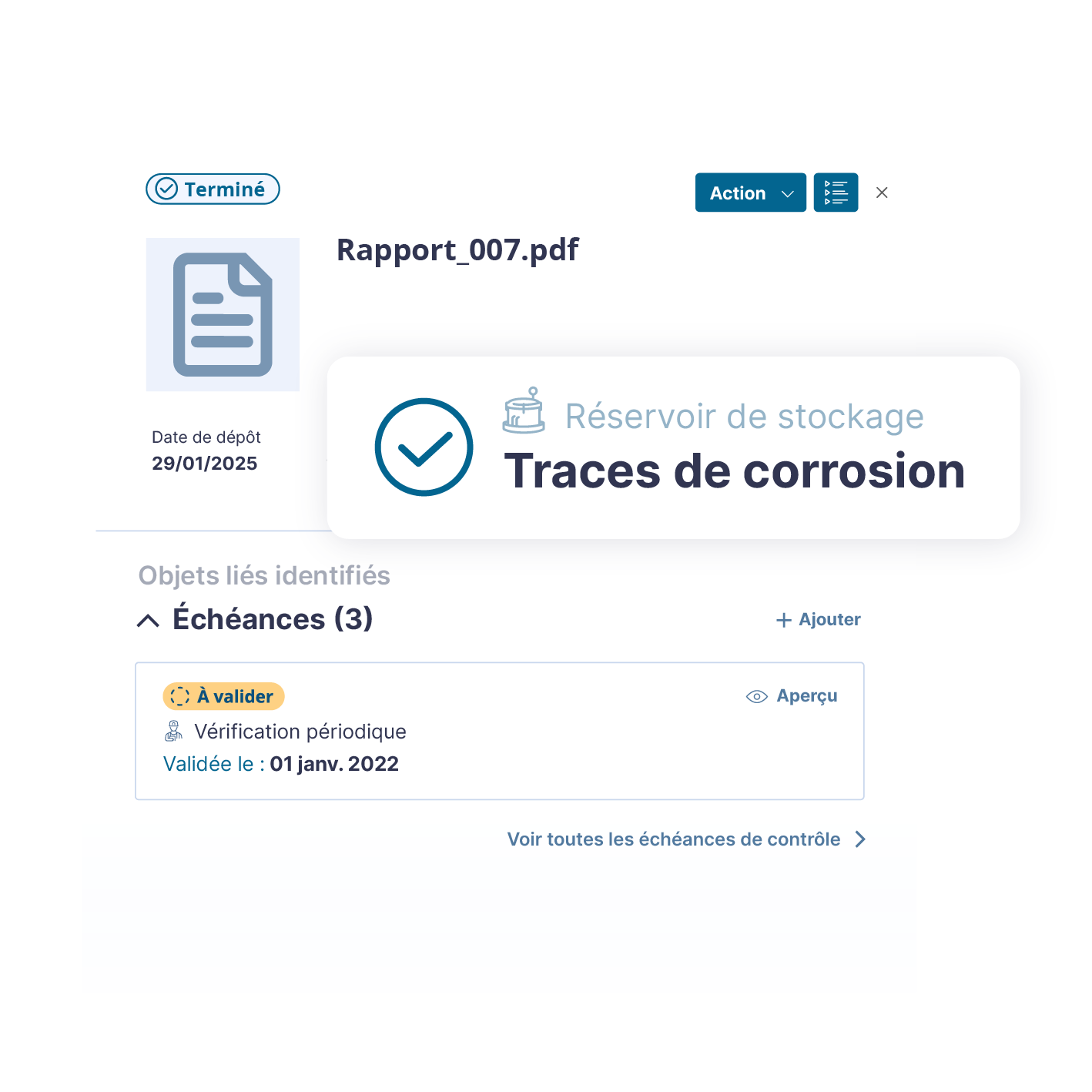 Observation « traces de corrosion » extraite d'un rapport de contrôle dans Ealico