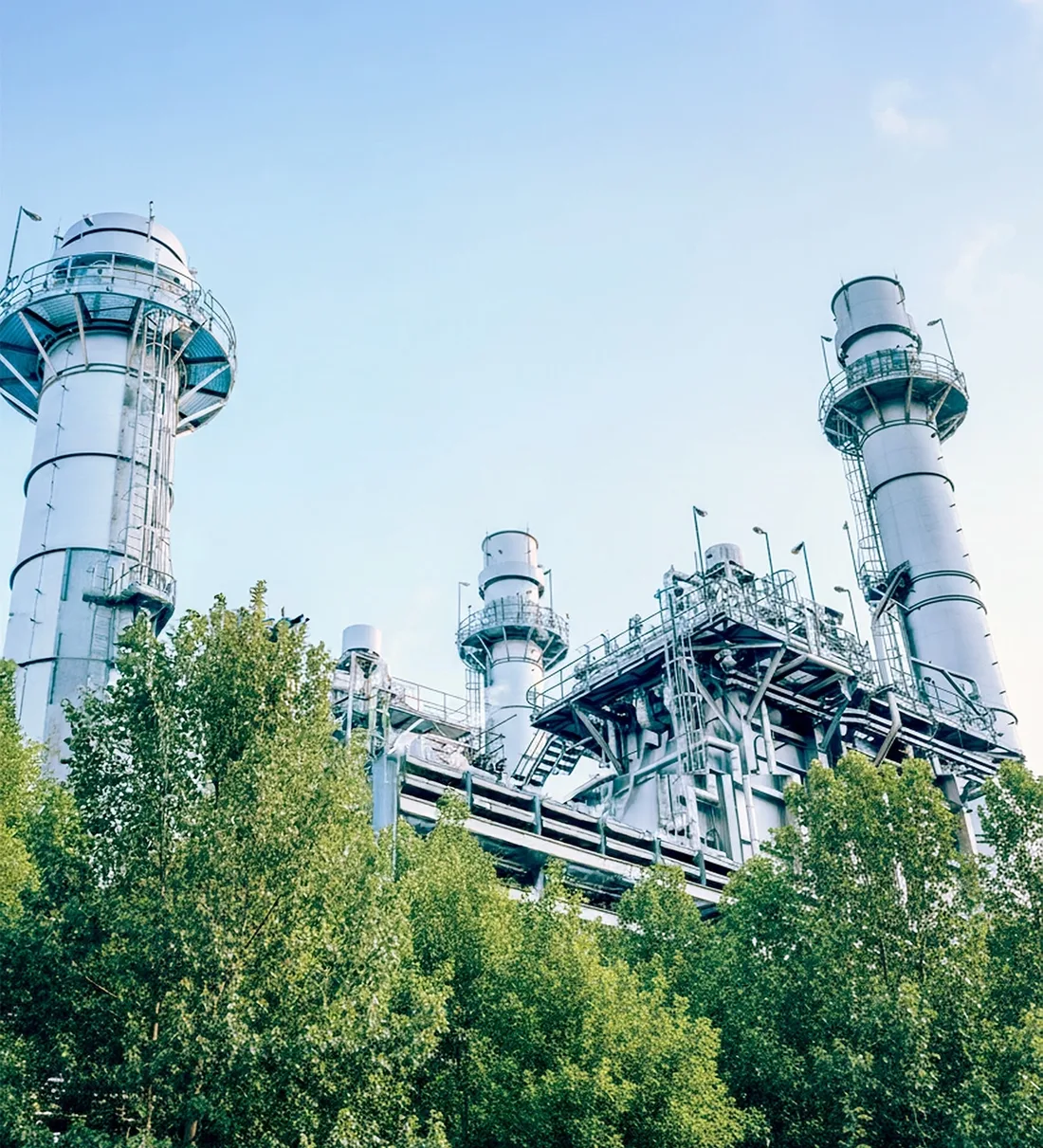 Site industriel : cheminées et unités de production vues depuis un bosquet