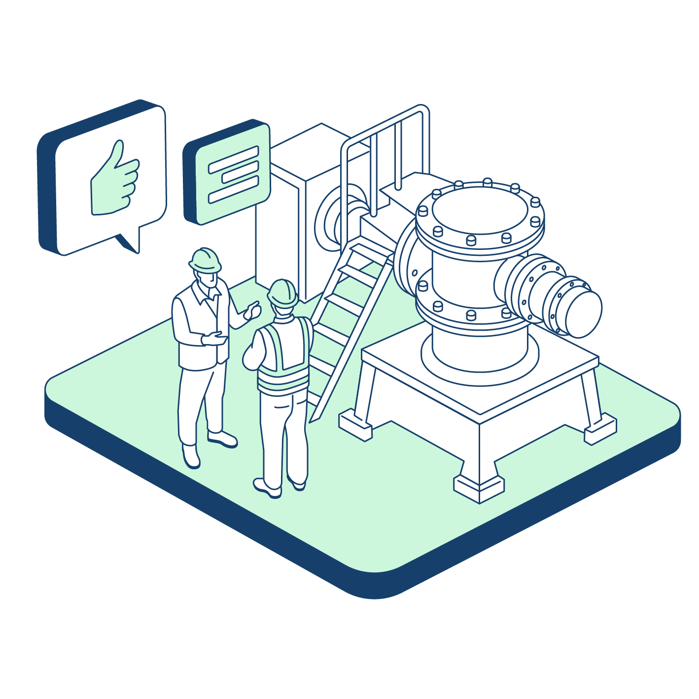 Illustration : deux experts inspectent un équipement industriel sur site