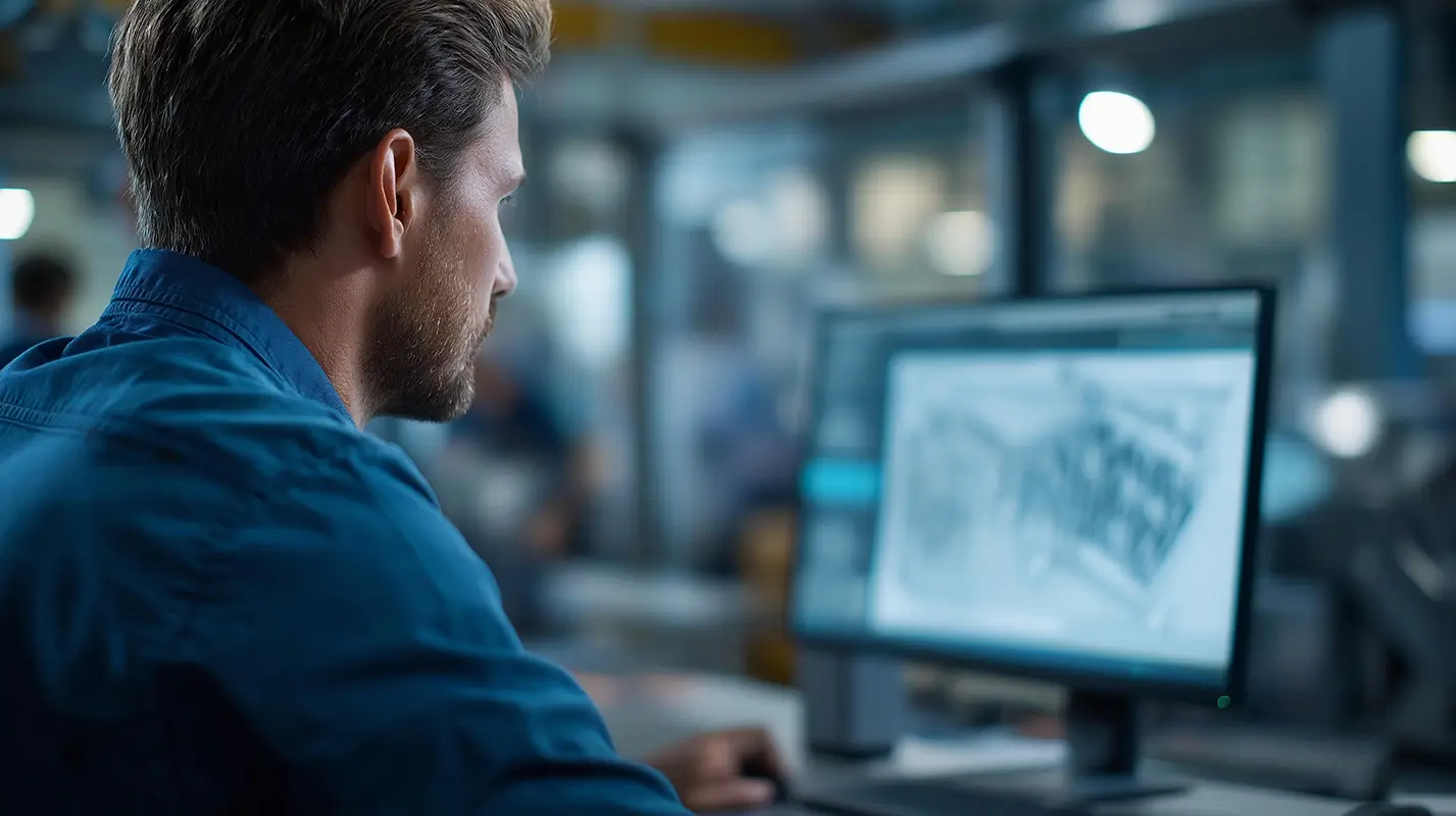 Technicien travaillant sur un poste informatique dans un atelier industriel, illustrant la sécurisation des données de production