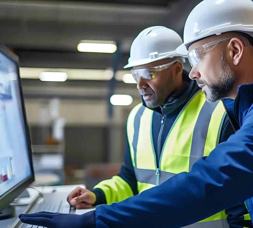 Deux techniciens casqués consultent ensemble un poste informatique sur un site industriel