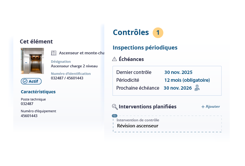 Fiche d'un ascenseur dans Ealico : inspection périodique, périodicité de 12 mois et prochaine échéance