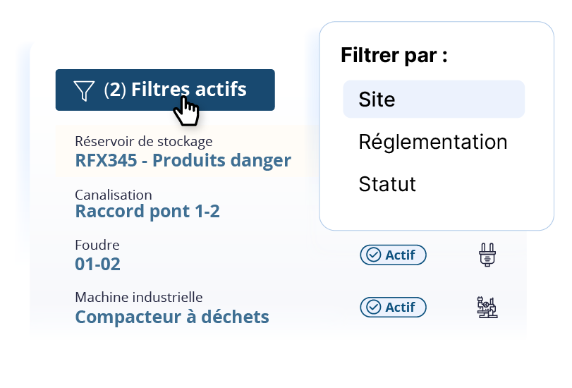 Liste des éléments dans Ealico, panneau de filtres ouvert sur site, réglementation et statut
