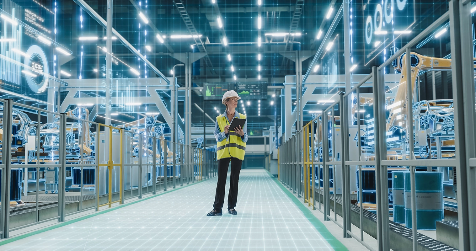 Technicienne en gilet haute visibilité relevant des informations dans une allée d'entrepôt industriel