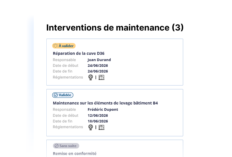 Liste des interventions de maintenance avec responsable, dates de début et de fin et statut : à valider, validée, sans suite