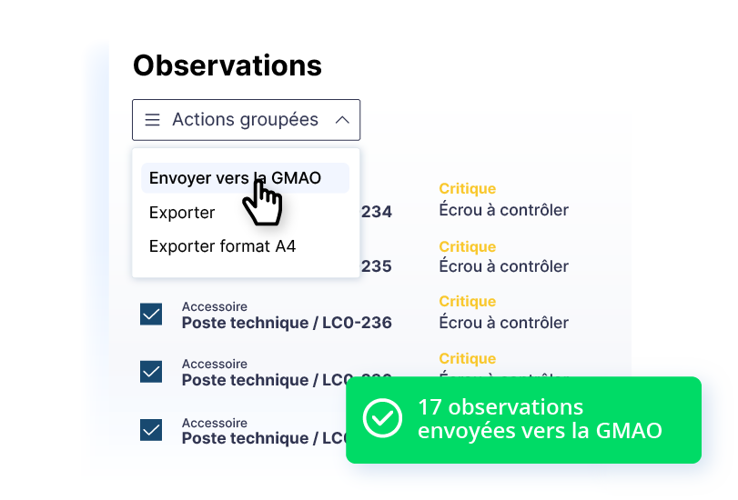 Liste d'observations critiques sur des accessoires, envoyées en action groupée vers la GMAO, avec confirmation d'envoi de 17 observations