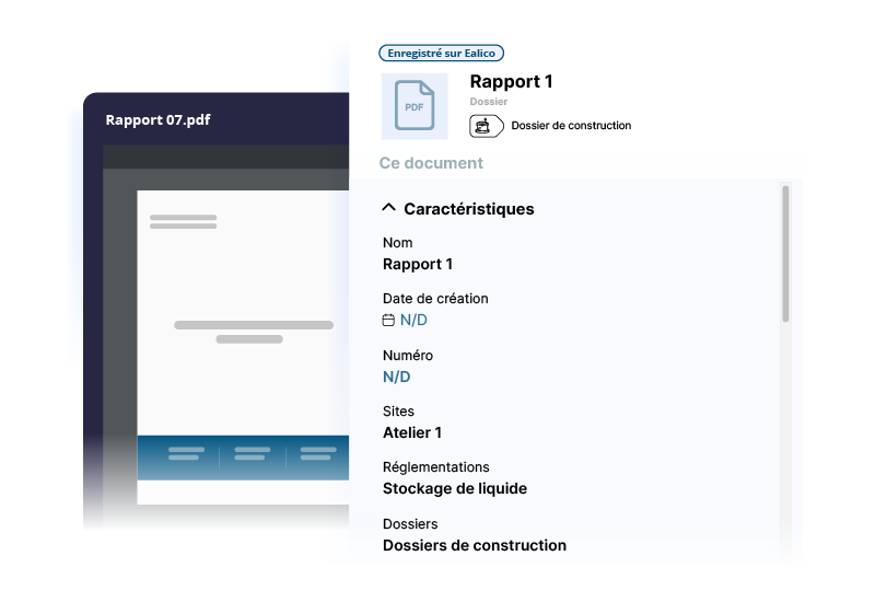 Fiche d'un rapport PDF enregistré sur EALICO, avec ses caractéristiques : dossier de construction, site et réglementation