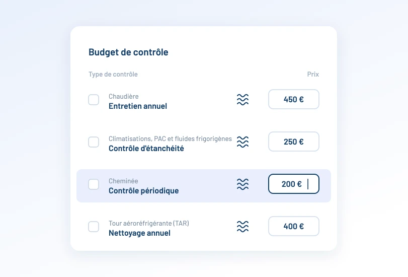 Paramétrage du budget de contrôle : liste de types de contrôle avec le prix de chacun, en cours de saisie