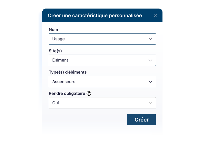 Fenêtre de création d'une caractéristique personnalisée : nom, périmètre, types d'éléments concernés et caractère obligatoire