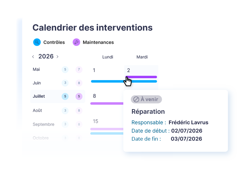 Fiche d'un élément avec les onglets Contrôles, Observations et Documents, et les documents à valider : carnet d'entretien, rapport de vérification périodique, dossier technique