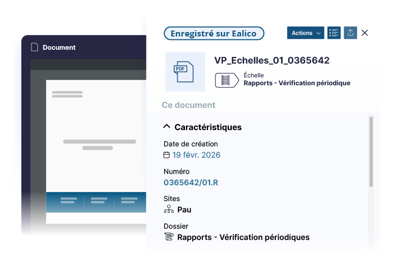 Fiche d'un document enregistré sur Ealico avec ses caractéristiques : date de création, numéro, site et dossier de rattachement
