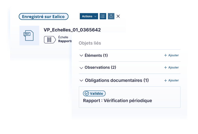 Objets liés à un document : éléments, observations et obligations documentaires, avec le rapport de vérification périodique marqué validé