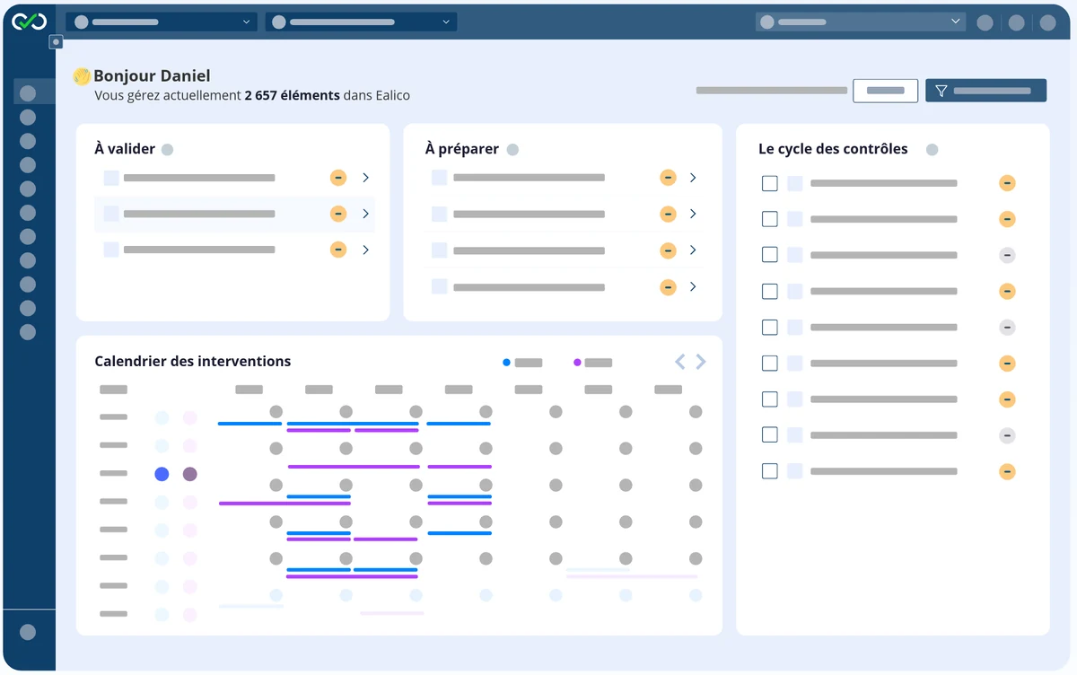Tableau de bord Ealico : éléments à valider, à préparer, cycle des contrôles et calendrier des interventions