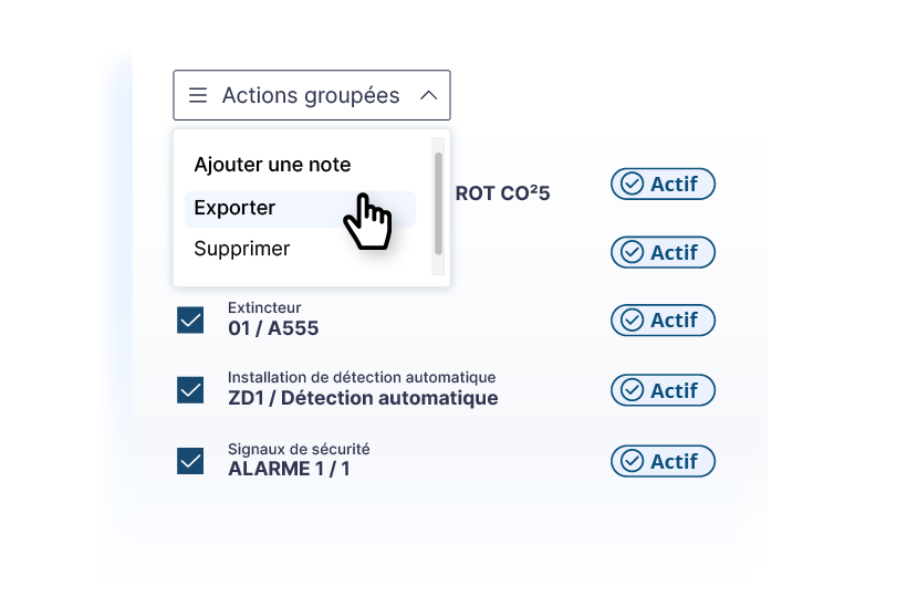 Fiches d'échéances « Vérification périodique » et « Contrôle technique » avec dates de dernier contrôle, périodicité et prochaine échéance, et interventions planifiées associées