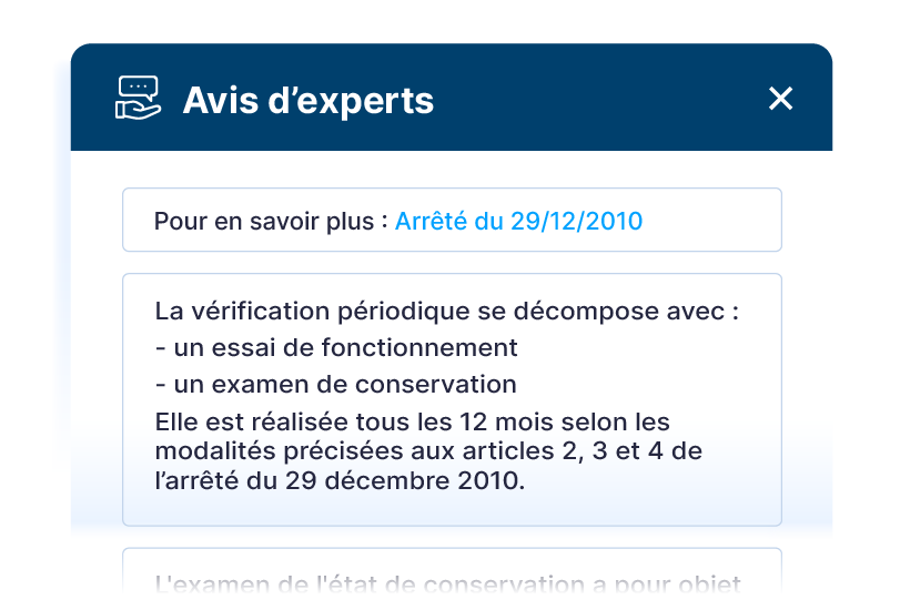 Fenêtre « Avis d'experts » détaillant les modalités de la vérification périodique selon l'arrêté du 29 décembre 2010