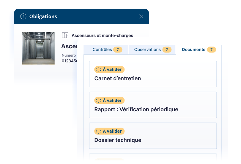 Fenêtre « Obligations » listant les documents à valider : carnet d'entretien, rapport de vérification périodique, dossier technique