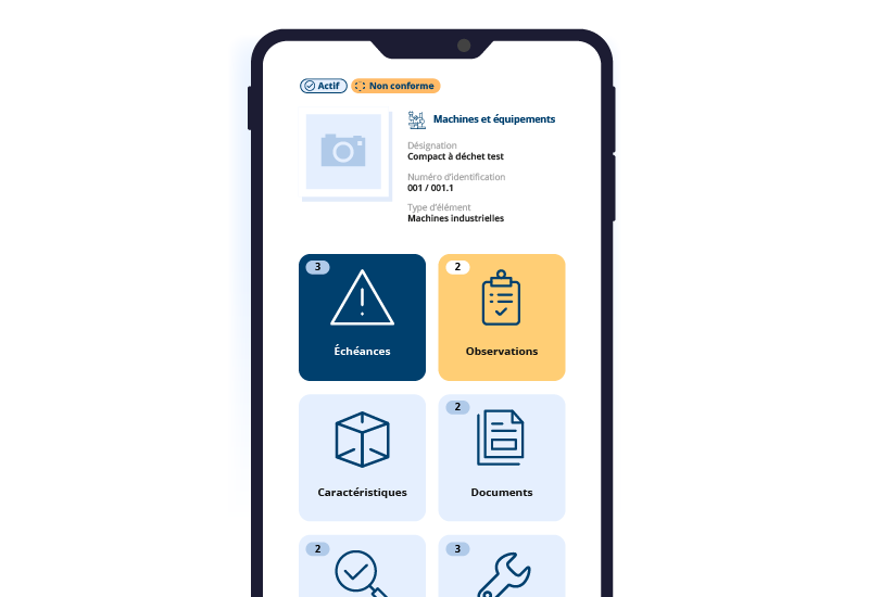 Écran de smartphone affichant la fiche d'un équipement : statut, échéances, observations, caractéristiques et documents