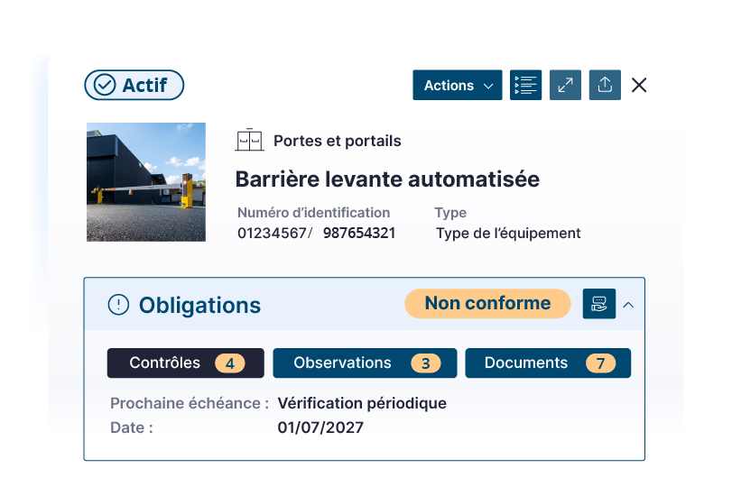 Fiche d'une barrière levante automatisée : caractéristiques, obligations, contrôles, observations et documents