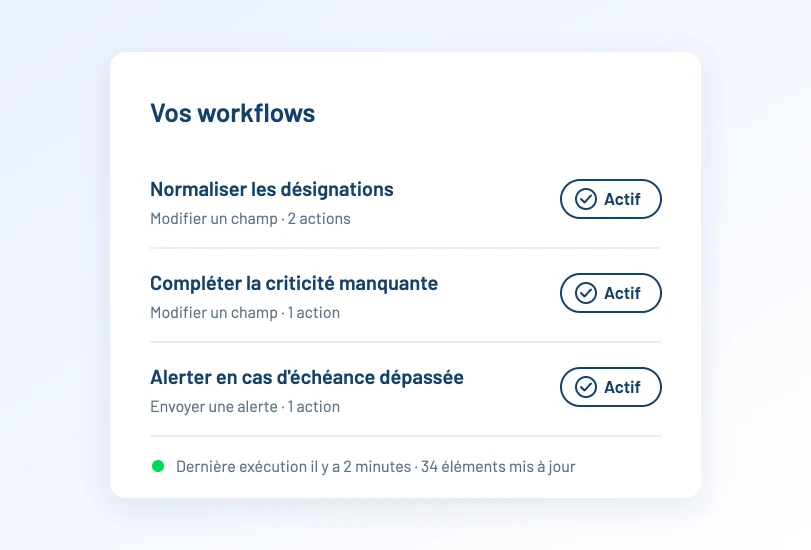 Liste de workflows actifs : normaliser les désignations, compléter la criticité manquante, alerter en cas d'échéance dépassée
