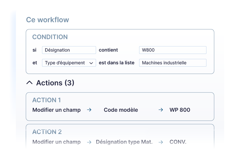 Éditeur de workflow Ealico : une condition et trois actions automatiques