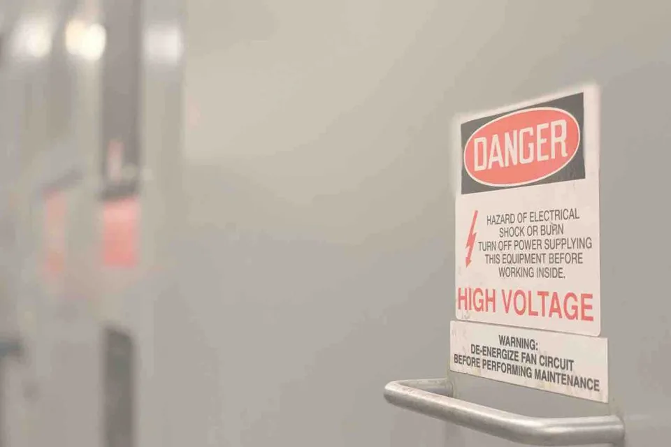 Panneau de danger électrique haute tension apposé sur une armoire électrique