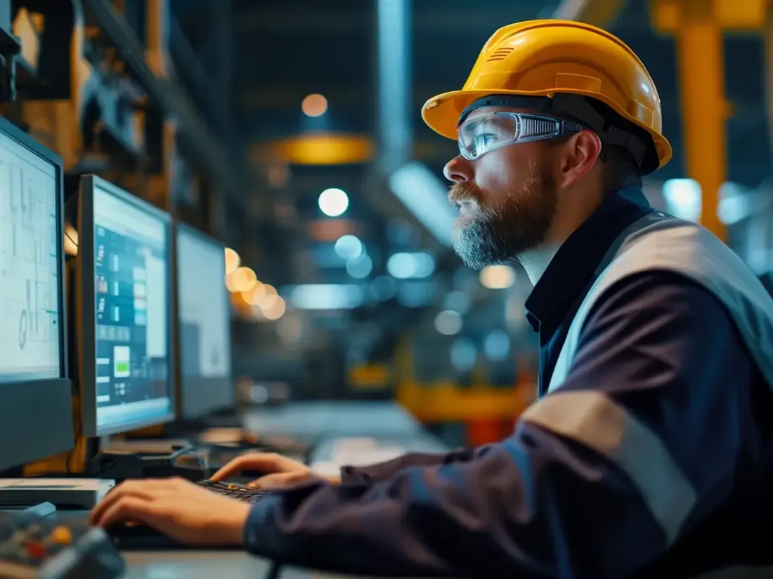 Technicien en casque de chantier consultant ses contrôles réglementaires sur un poste informatique en atelier